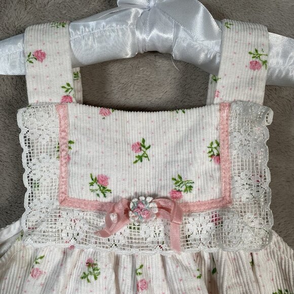 Vintage Tiny Tots Baby Girl Dress 6-12M White Corduroy Dainty Pink Flowers Lace - Picture 3 of 9